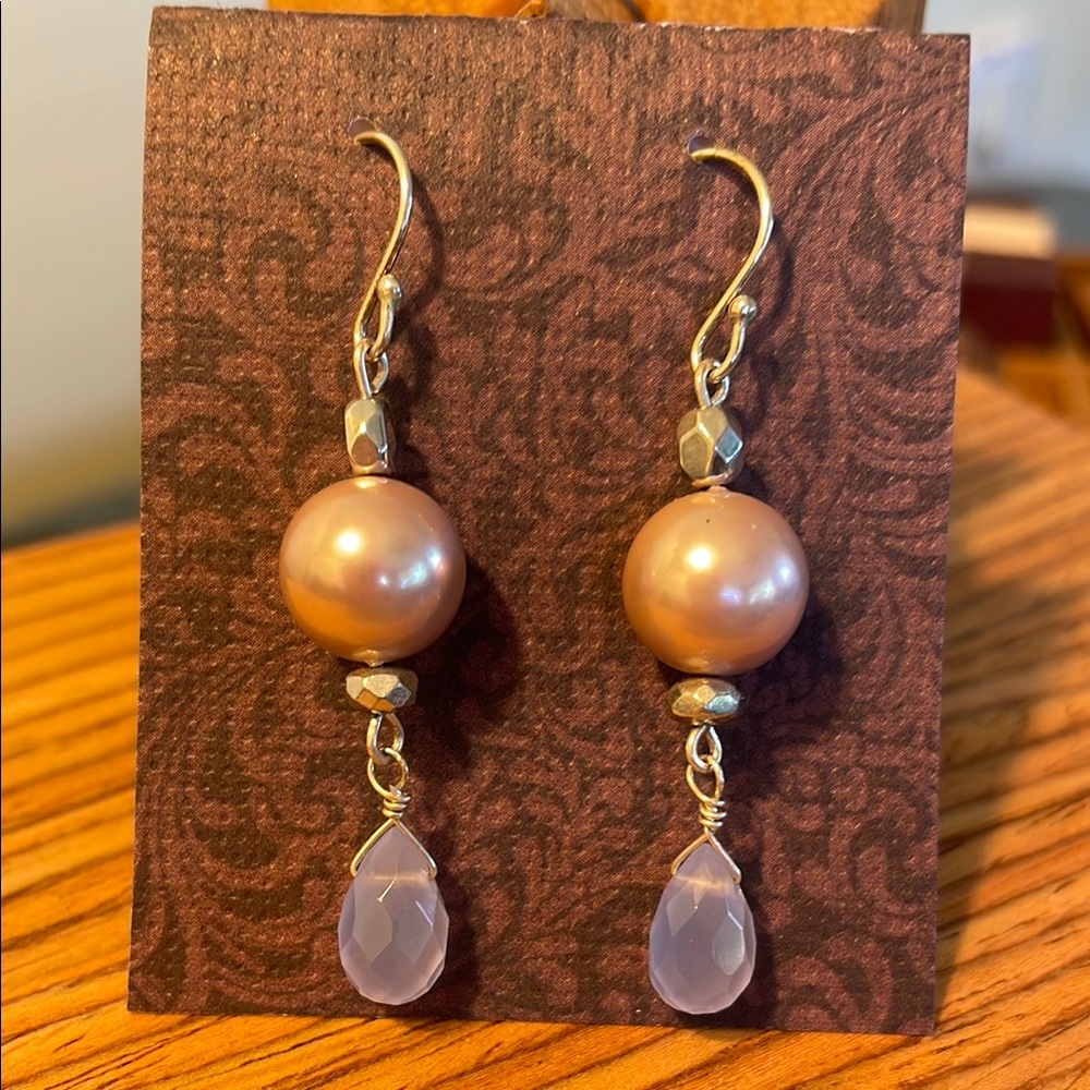 Elegant Pink Pearl and Purple Crystal Drop Earrings